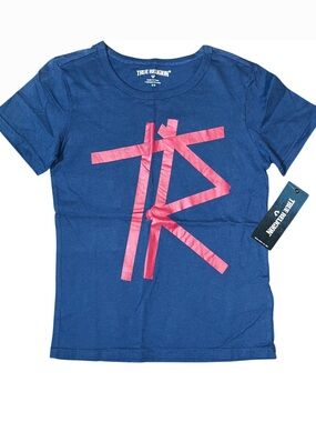 True Religion Navy Blue Red Short Sleeve Logo Tape Tee Shirt NWT Small